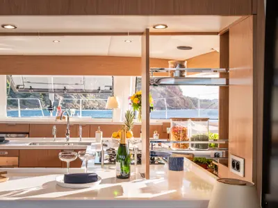 Galley of CRAZY BABY TOO, a Bali 5.8 catamaran at Port d'Andratx, Spain