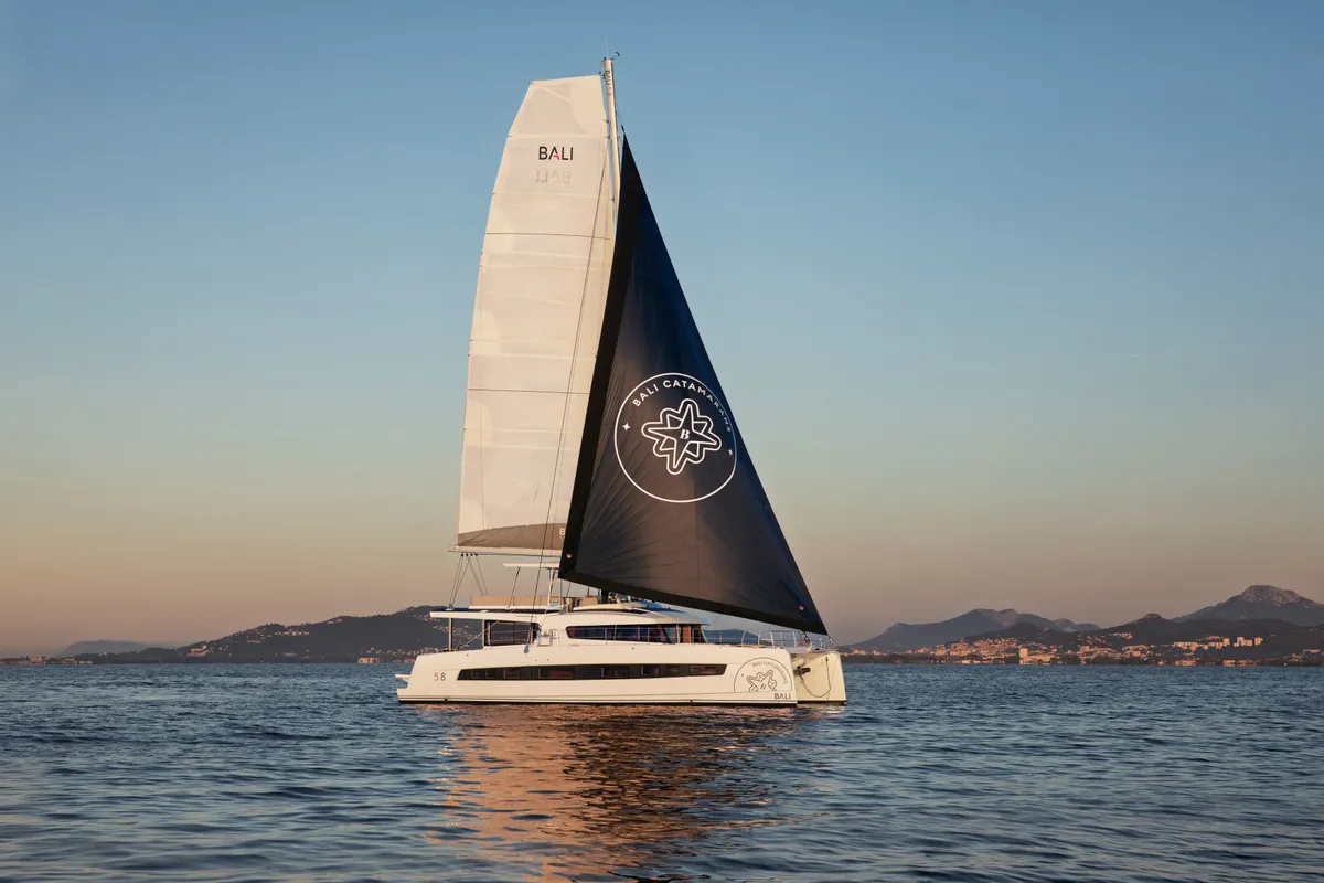 Exterior view of CRAZY BABY TOO, a Bali 5.8 catamaran at Port d'Andratx, Spain
