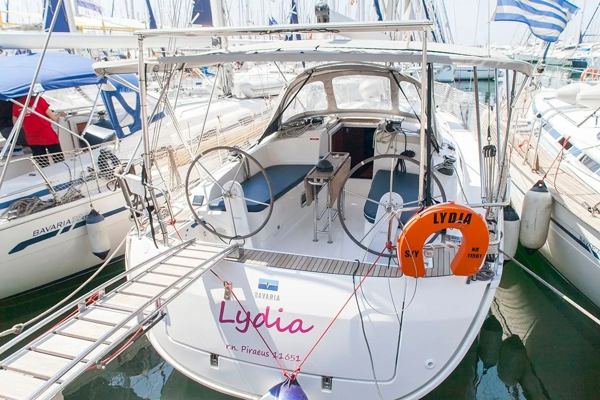 Exterior view of Lydia, a Bavaria Cruiser 37 sailboat at Kos, Greece
