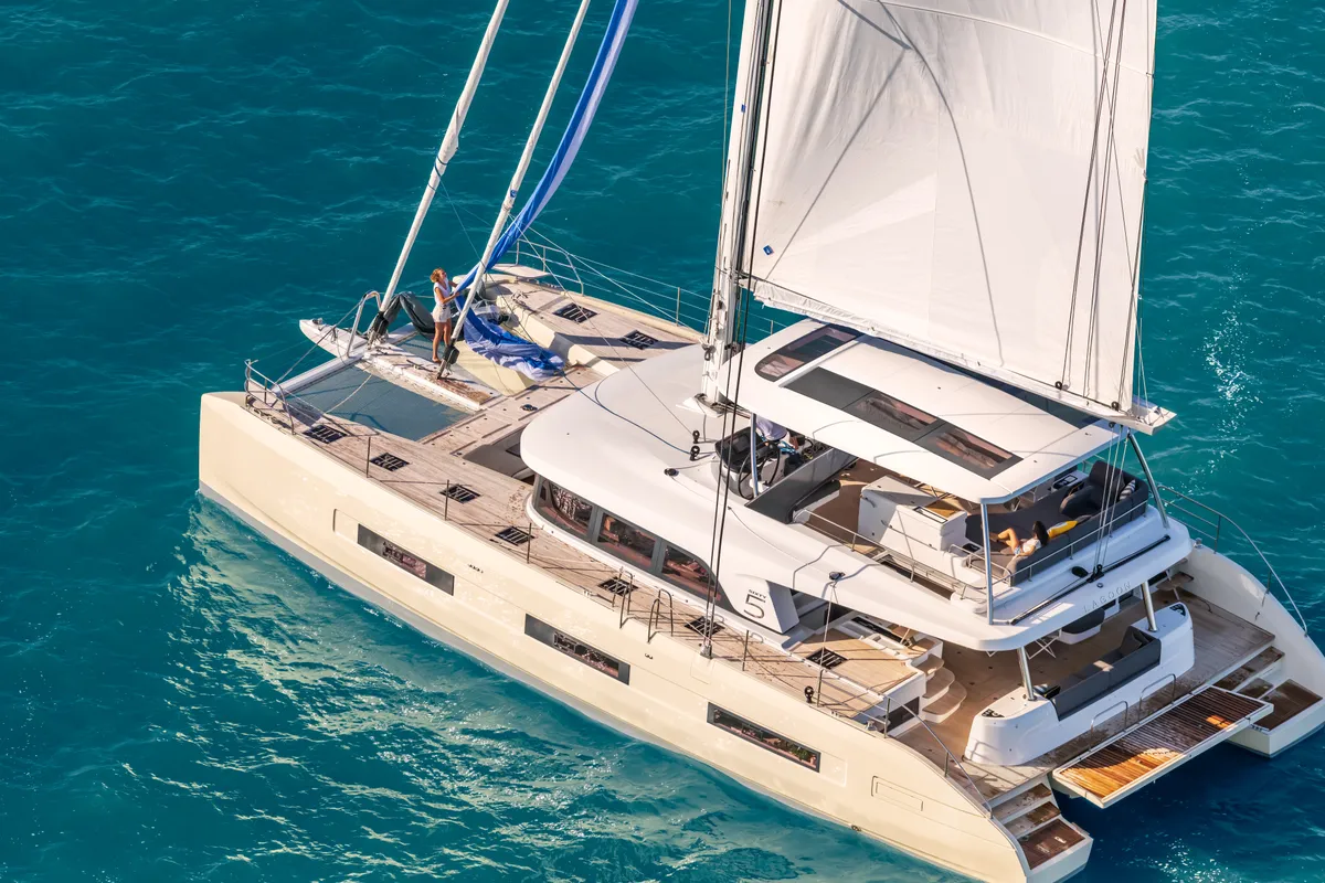 Exterior view of Lagoon Sixty 5, a catamaran at Olbia, Italy