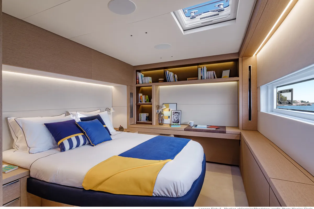 Cabin on Lagoon Sixty 5, a catamaran at Olbia, Italy