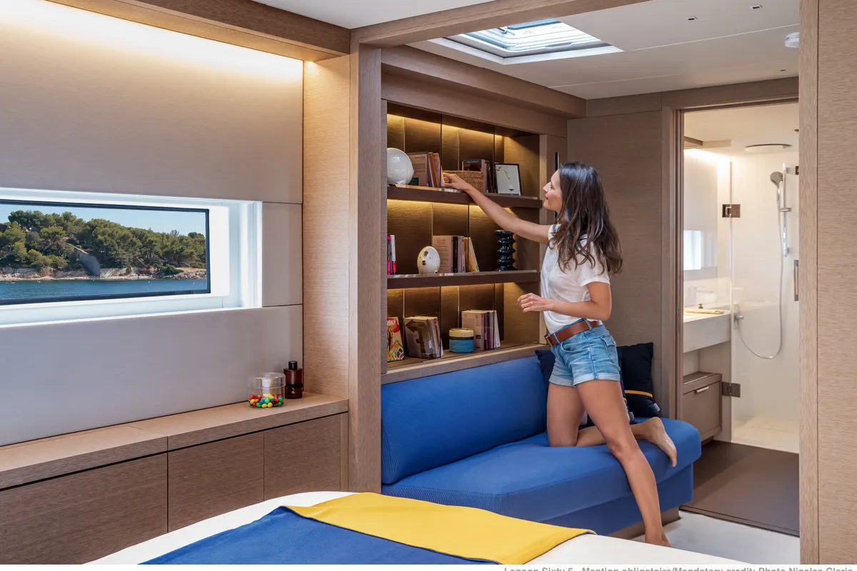Cabin on Lagoon Sixty 5, a catamaran at Olbia, Italy