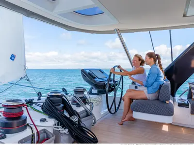 Cockpit of Lagoon Sixty 5, a catamaran at Olbia, Italy