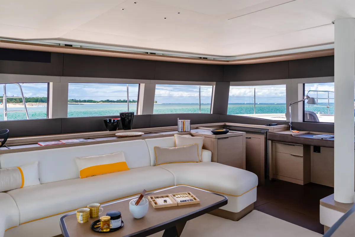Salon of Lagoon Sixty 5, a catamaran at Olbia, Italy