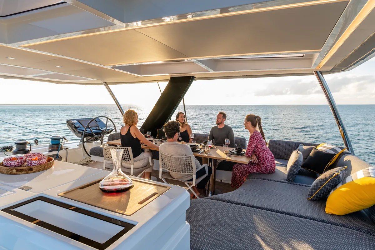 Deck of Lagoon Sixty 5, a catamaran at Olbia, Italy