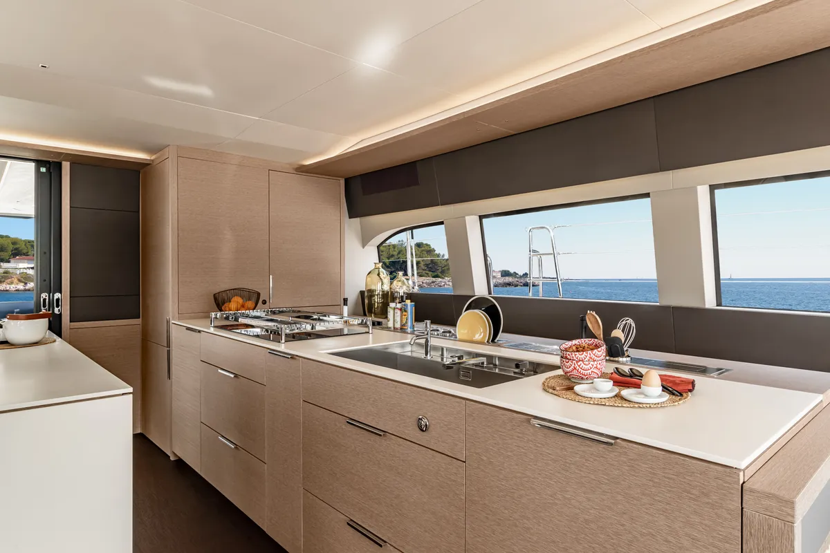 Galley of Lagoon Sixty 5, a catamaran at Olbia, Italy