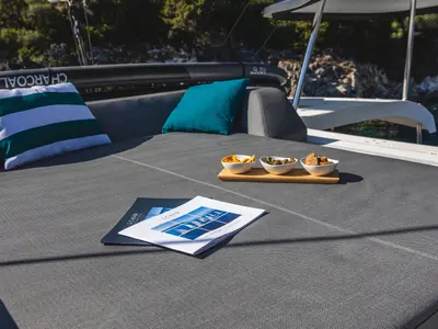 Deck of INSPIRE, a Lagoon 42 catamaran at Municipal Unit of Lefkada, Greece
