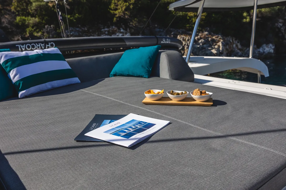Deck of INSPIRE, a Lagoon 42 catamaran at Municipal Unit of Lefkada, Greece