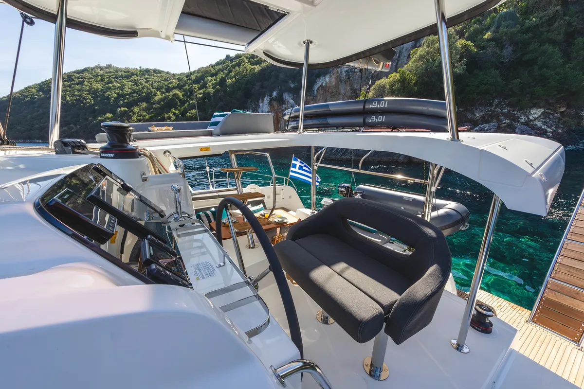 Cockpit of INSPIRE, a Lagoon 42 catamaran at Municipal Unit of Lefkada, Greece