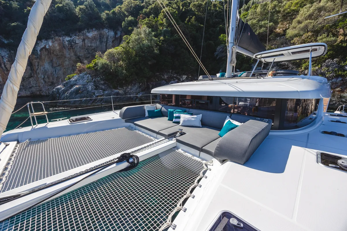 Deck of INSPIRE, a Lagoon 42 catamaran at Municipal Unit of Lefkada, Greece
