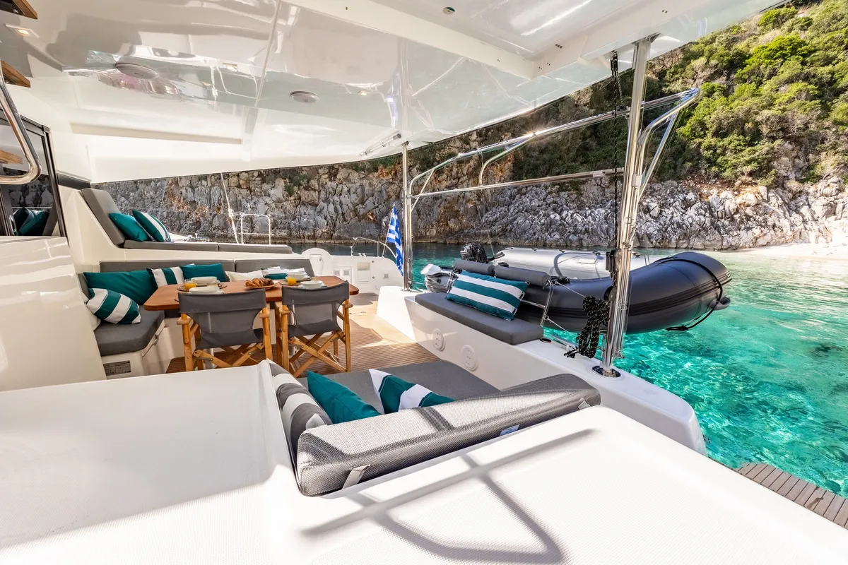 Deck of INSPIRE, a Lagoon 42 catamaran at Municipal Unit of Lefkada, Greece