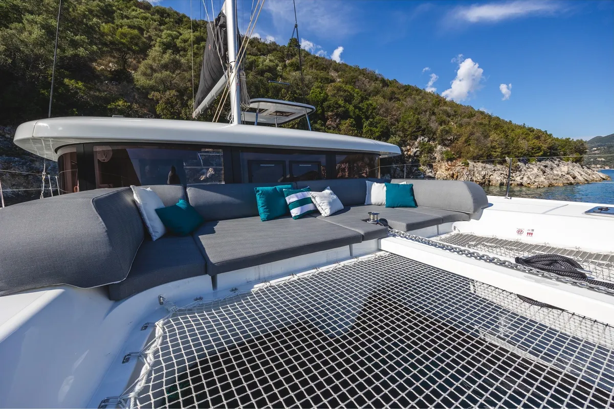 Deck of INSPIRE, a Lagoon 42 catamaran at Municipal Unit of Lefkada, Greece