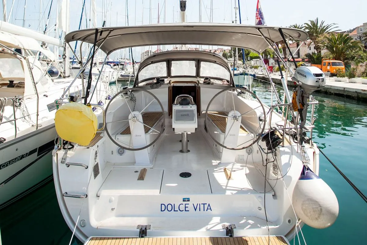 Exterior view of Dolce vita, a Bavaria Cruiser 41 sailboat at Split, Croatia