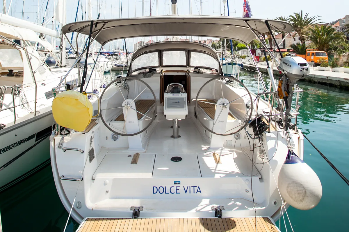 Exterior view of Dolce vita, a Bavaria Cruiser 41 sailboat at Split, Croatia