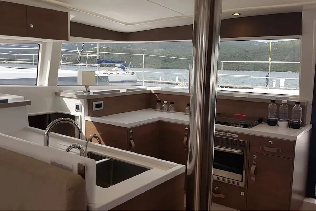 Galley of Ziphius, a Bali 4.2 catamaran at Olbia, Italy