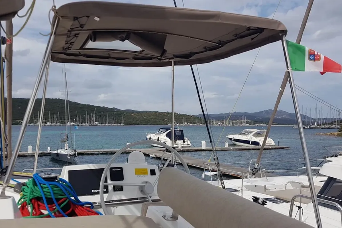 Cockpit of Ziphius, a Bali 4.2 catamaran at Olbia, Italy