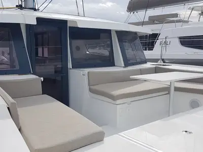 Deck of Ziphius, a Bali 4.2 catamaran at Olbia, Italy
