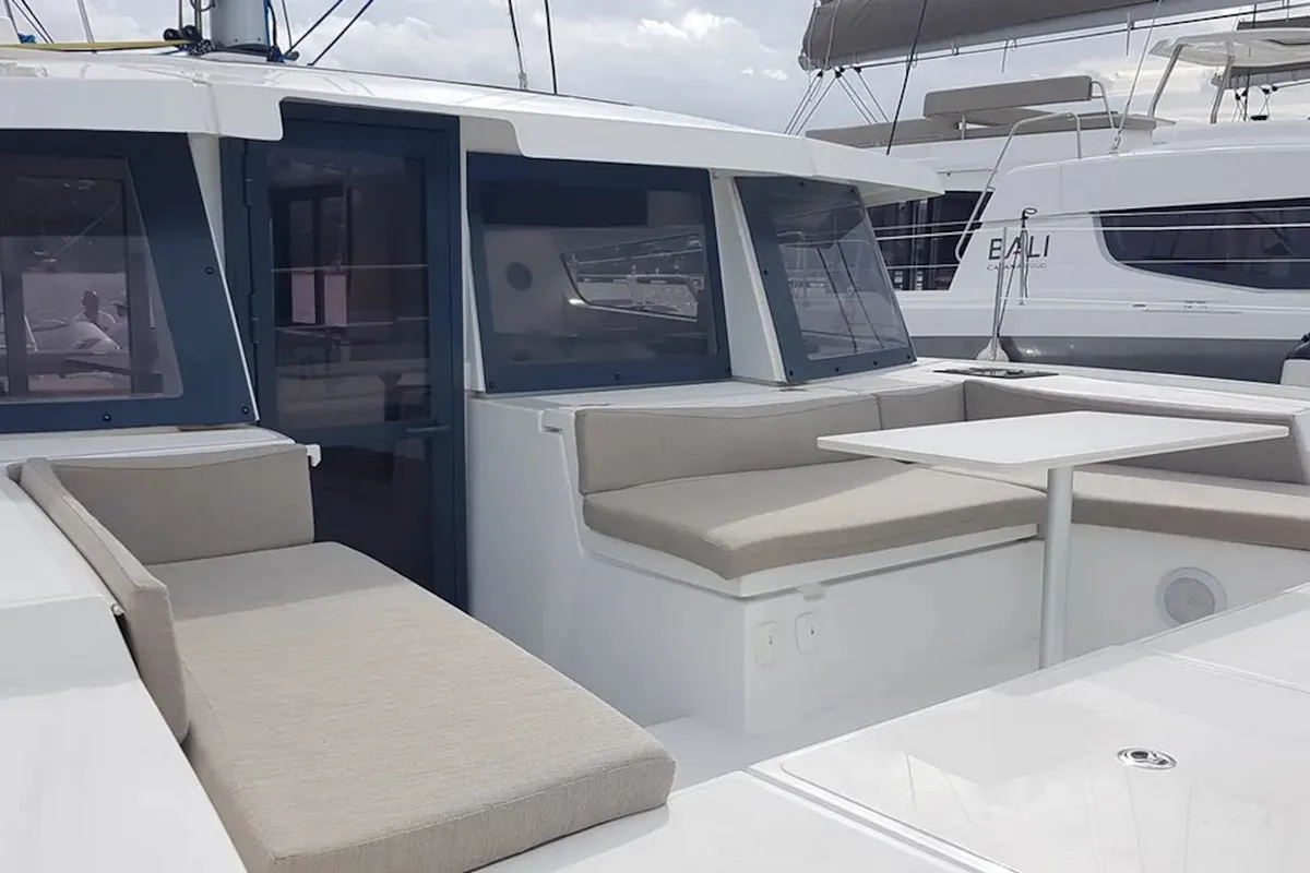 Deck of Ziphius, a Bali 4.2 catamaran at Olbia, Italy