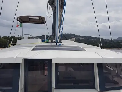 Cockpit of Ziphius, a Bali 4.2 catamaran at Olbia, Italy