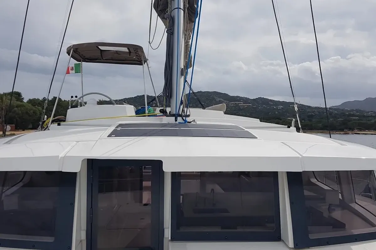 Cockpit of Ziphius, a Bali 4.2 catamaran at Olbia, Italy