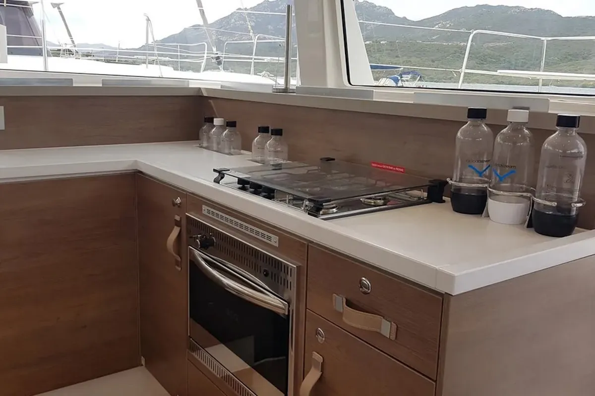 Galley of Ziphius, a Bali 4.2 catamaran at Olbia, Italy