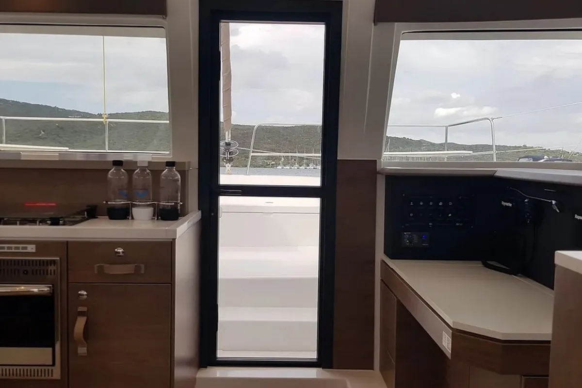 Salon of Ziphius, a Bali 4.2 catamaran at Olbia, Italy