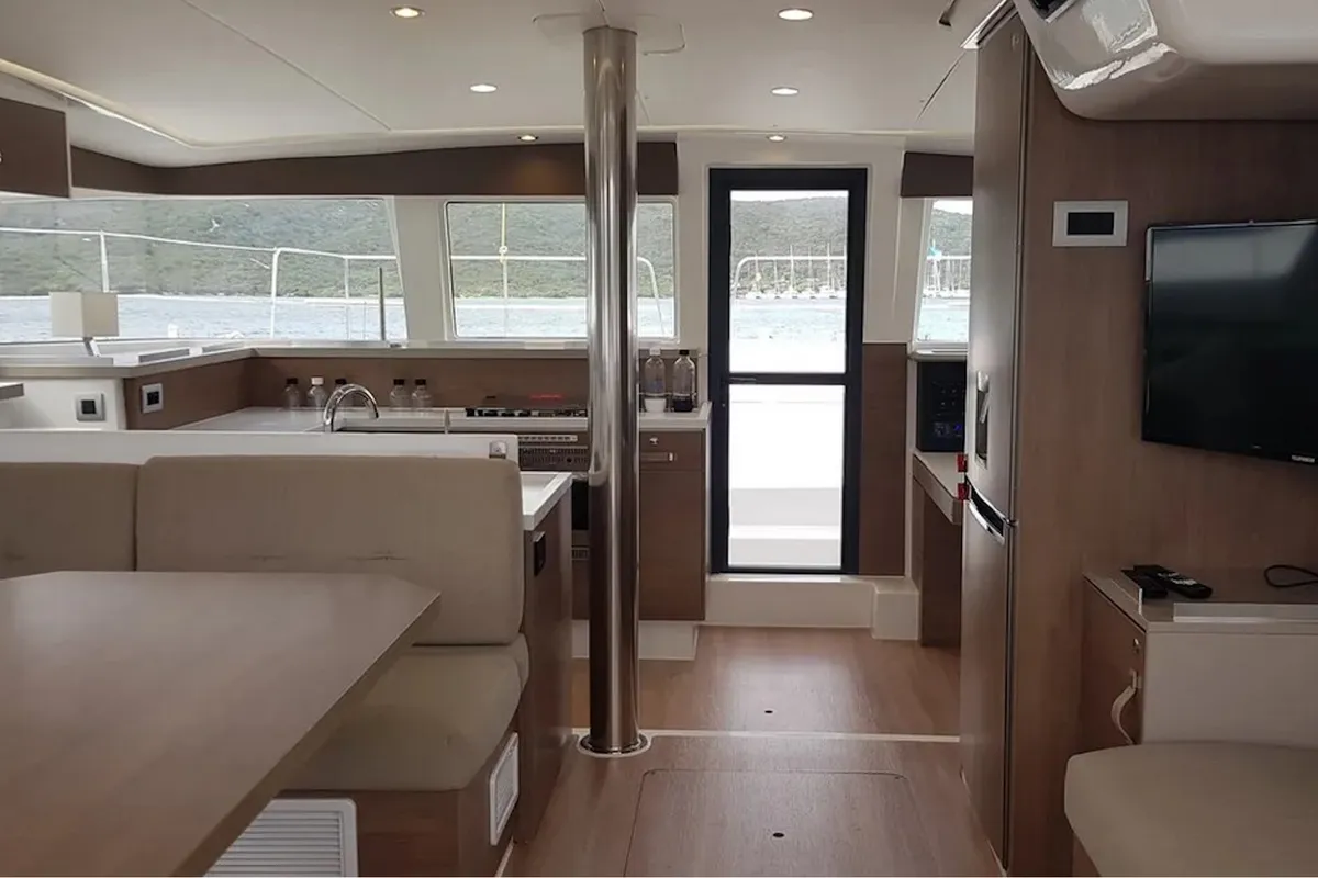 Salon of Ziphius, a Bali 4.2 catamaran at Olbia, Italy