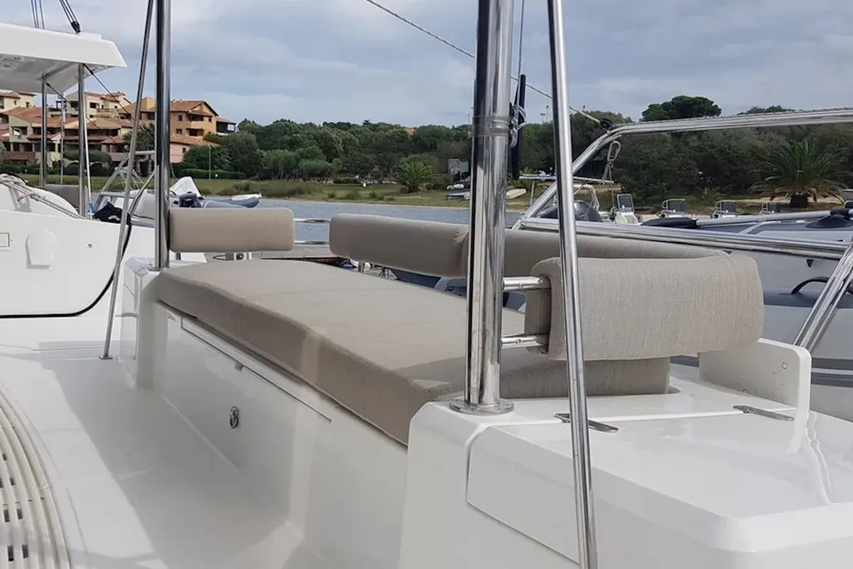Deck of Ziphius, a Bali 4.2 catamaran at Olbia, Italy