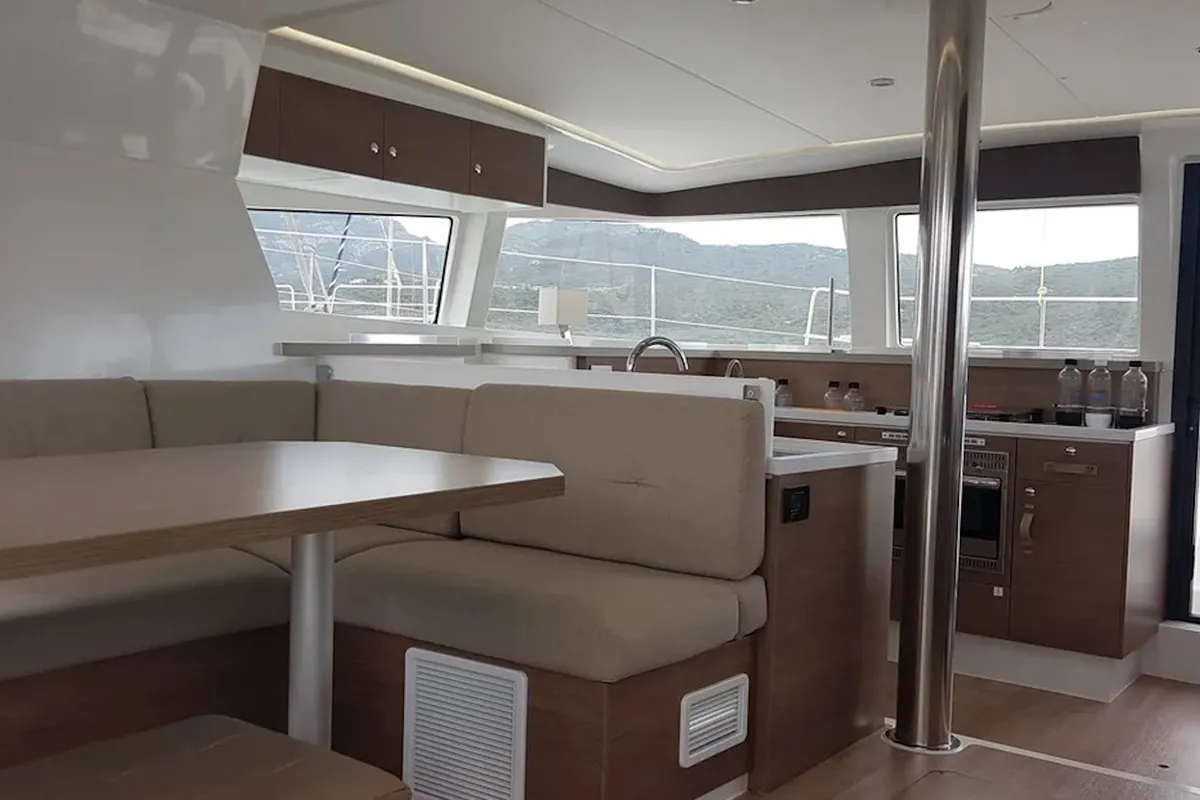 Salon of Ziphius, a Bali 4.2 catamaran at Olbia, Italy