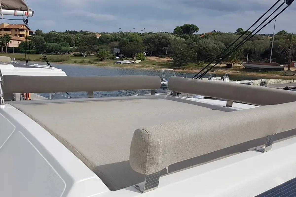 Deck of Ziphius, a Bali 4.2 catamaran at Olbia, Italy
