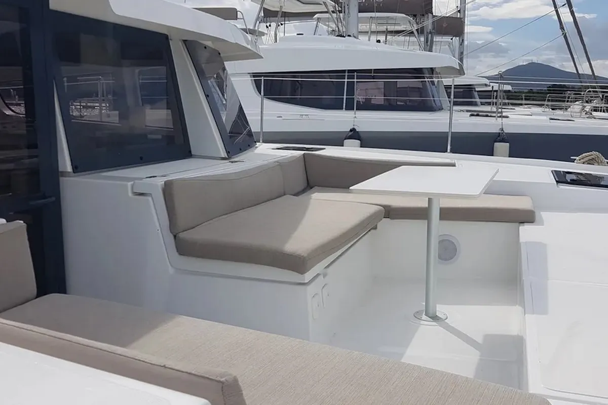 Deck of Ziphius, a Bali 4.2 catamaran at Olbia, Italy