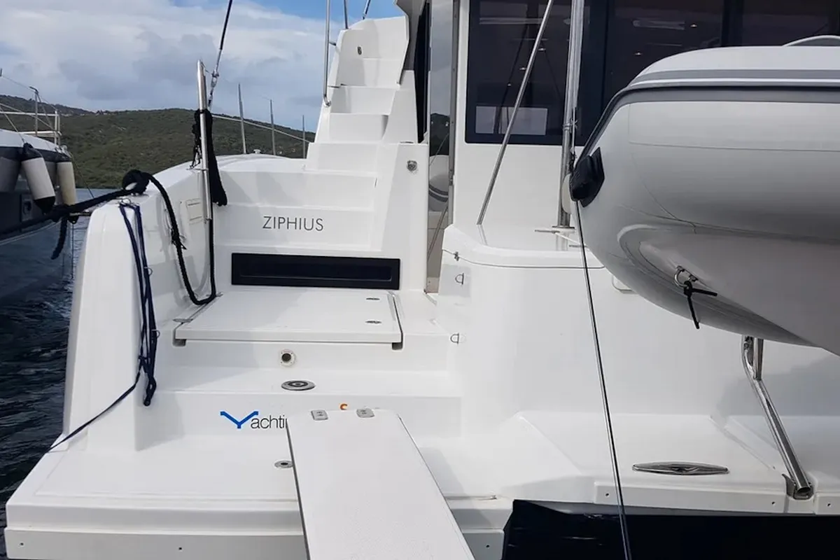 Deck of Ziphius, a Bali 4.2 catamaran at Olbia, Italy