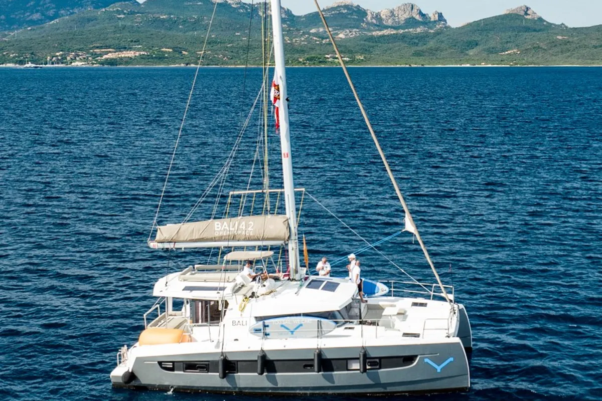 Exterior view of Ziphius, a Bali 4.2 catamaran at Olbia, Italy