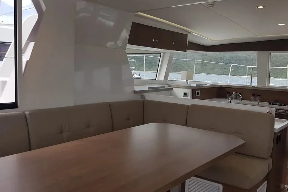 Salon of Ziphius, a Bali 4.2 catamaran at Olbia, Italy