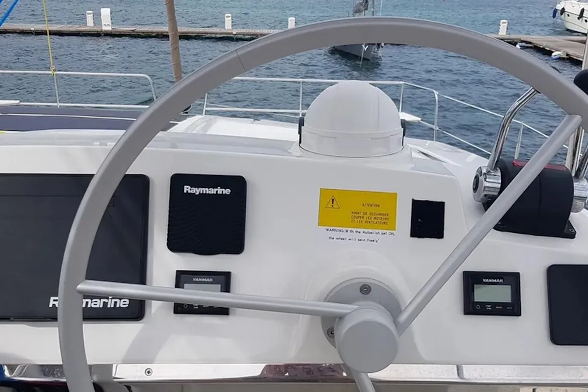 Cockpit of Ziphius, a Bali 4.2 catamaran at Olbia, Italy