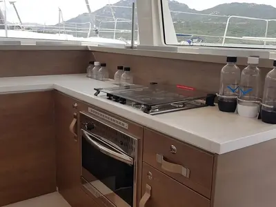 Galley of Ziphius, a Bali 4.2 catamaran at Olbia, Italy