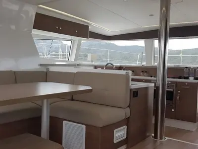 Salon of Ziphius, a Bali 4.2 catamaran at Olbia, Italy