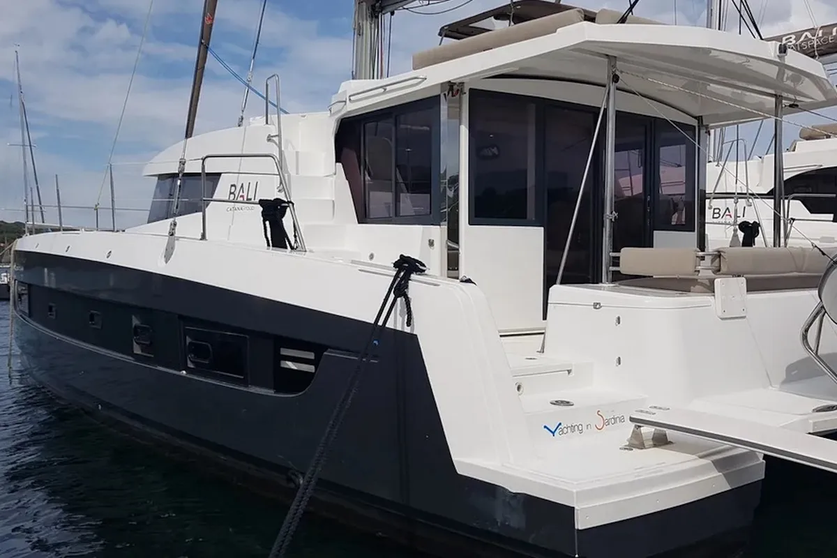 Exterior view of Ziphius, a Bali 4.2 catamaran at Olbia, Italy