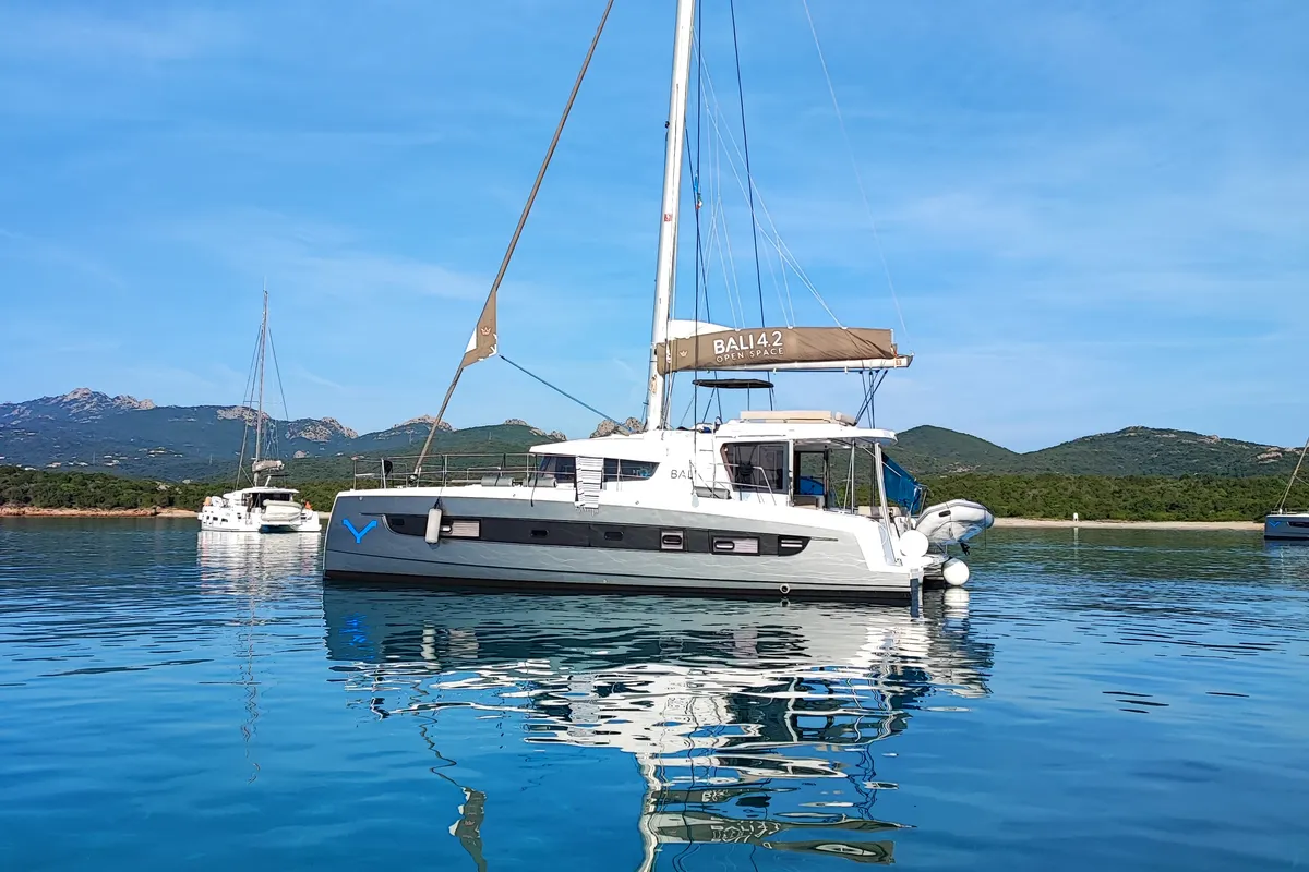 Exterior view of Ziphius, a Bali 4.2 catamaran at Olbia, Italy