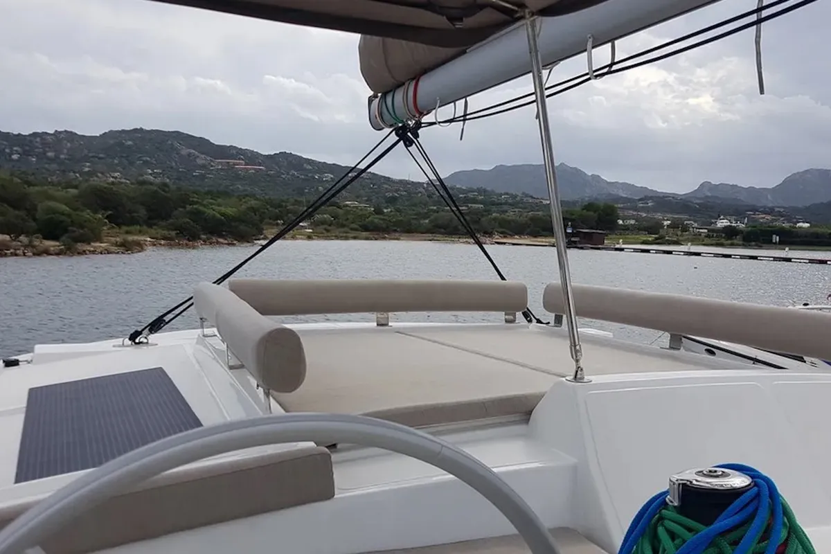 Cockpit of Ziphius, a Bali 4.2 catamaran at Olbia, Italy