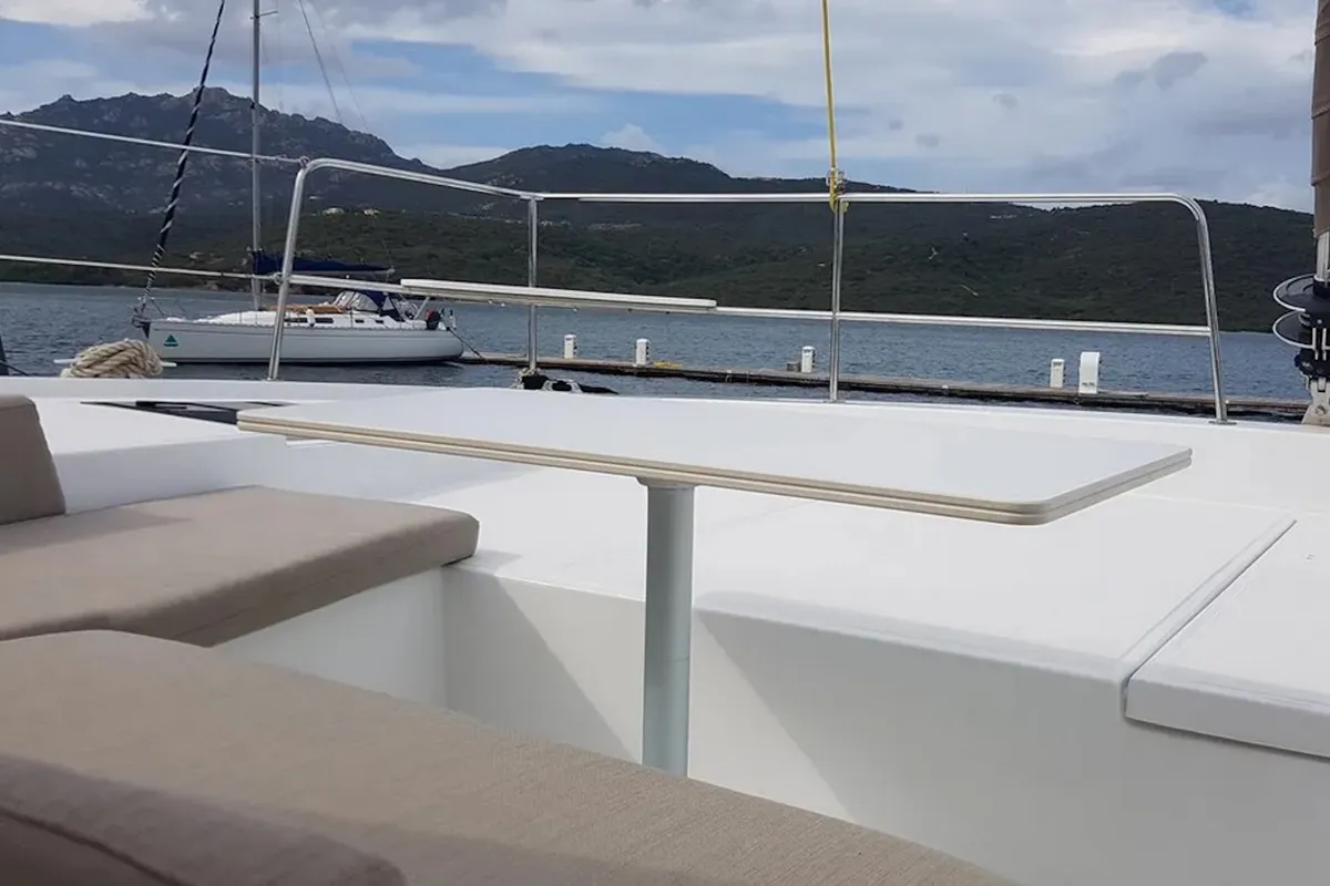 Deck of Ziphius, a Bali 4.2 catamaran at Olbia, Italy