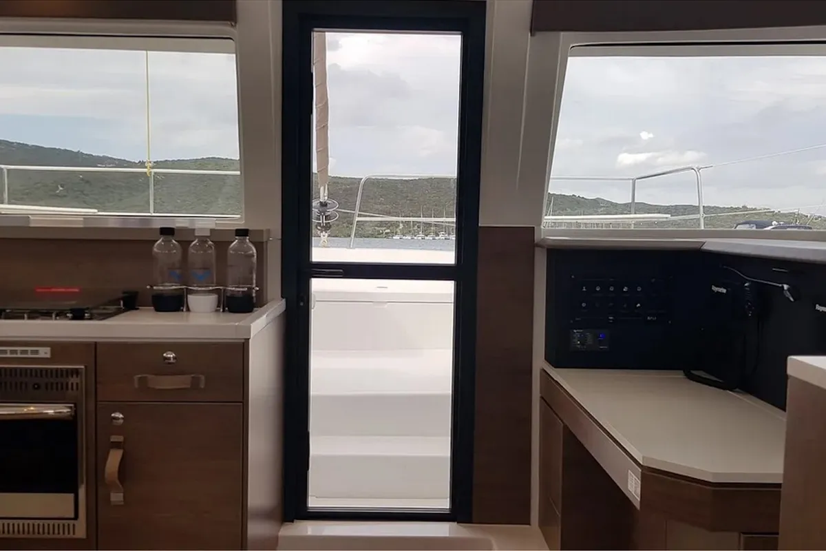 Cockpit of Ziphius, a Bali 4.2 catamaran at Olbia, Italy