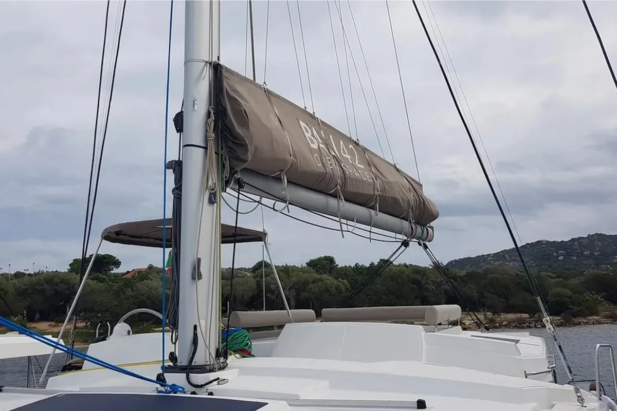 Deck of Ziphius, a Bali 4.2 catamaran at Olbia, Italy