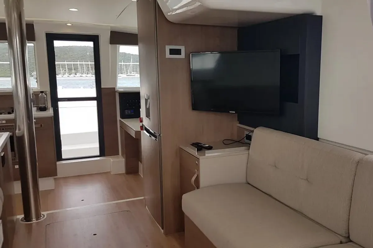 Salon of Ziphius, a Bali 4.2 catamaran at Olbia, Italy