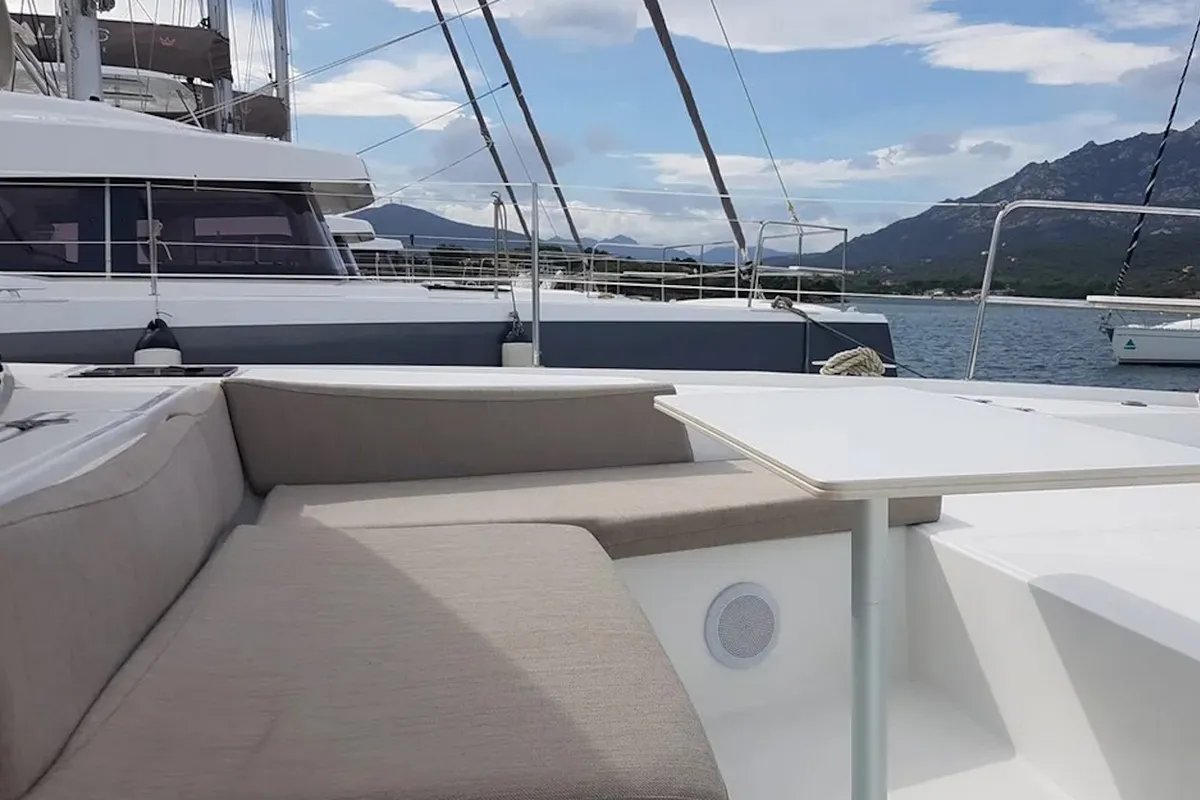 Deck of Ziphius, a Bali 4.2 catamaran at Olbia, Italy