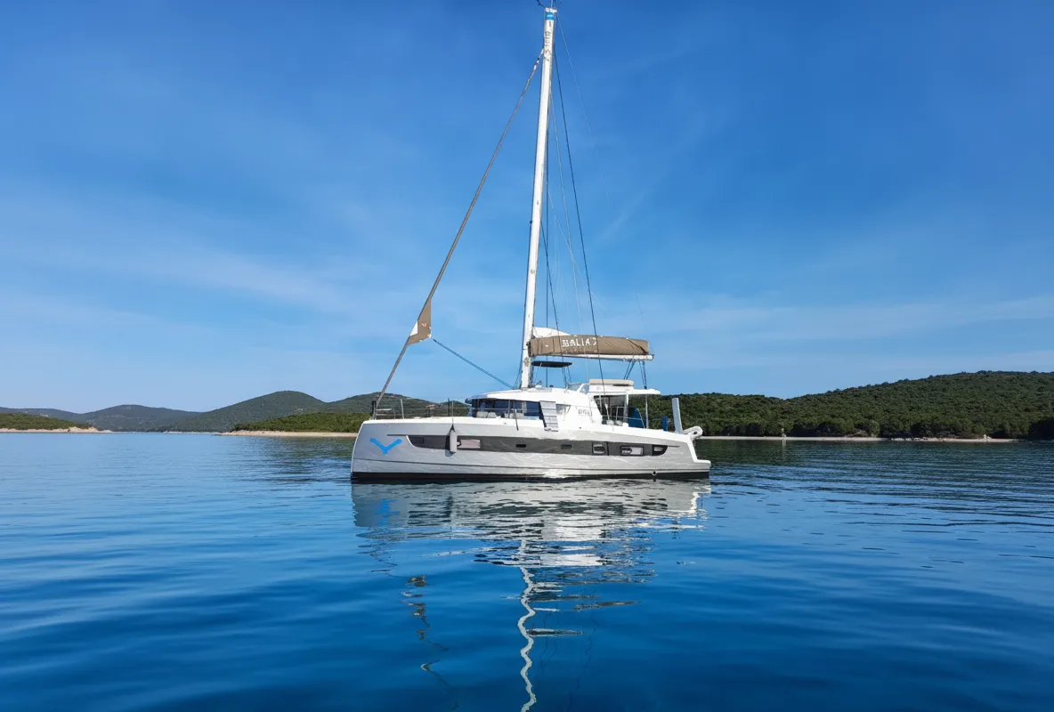 Exterior view of Ziphius, a Bali 4.2 catamaran at Olbia, Italy