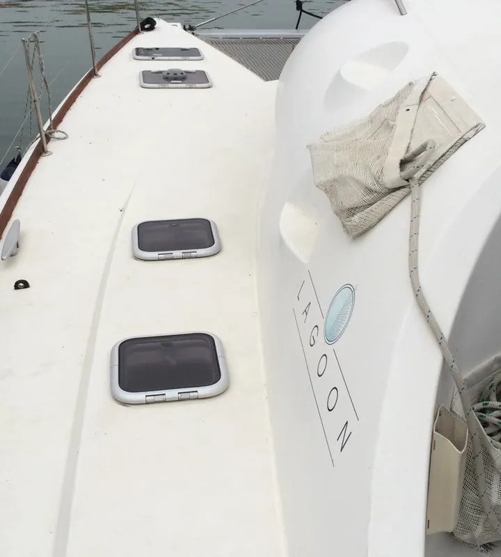 Deck of Vega, a Lagoon 410 S2 catamaran at Cagliari, Italy