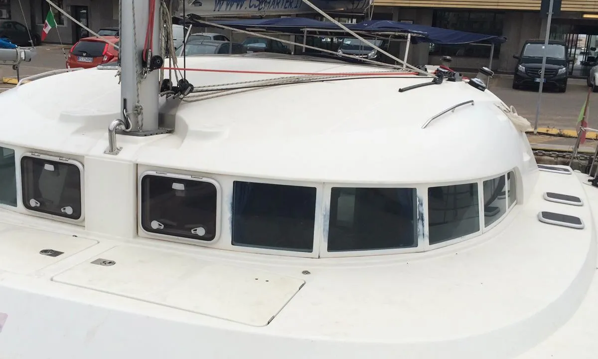 Deck of Vega, a Lagoon 410 S2 catamaran at Cagliari, Italy