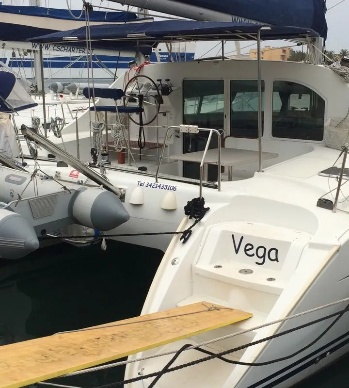 Exterior view of Vega, a Lagoon 410 S2 catamaran at Cagliari, Italy