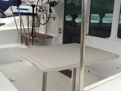 Deck of Vega, a Lagoon 410 S2 catamaran at Cagliari, Italy